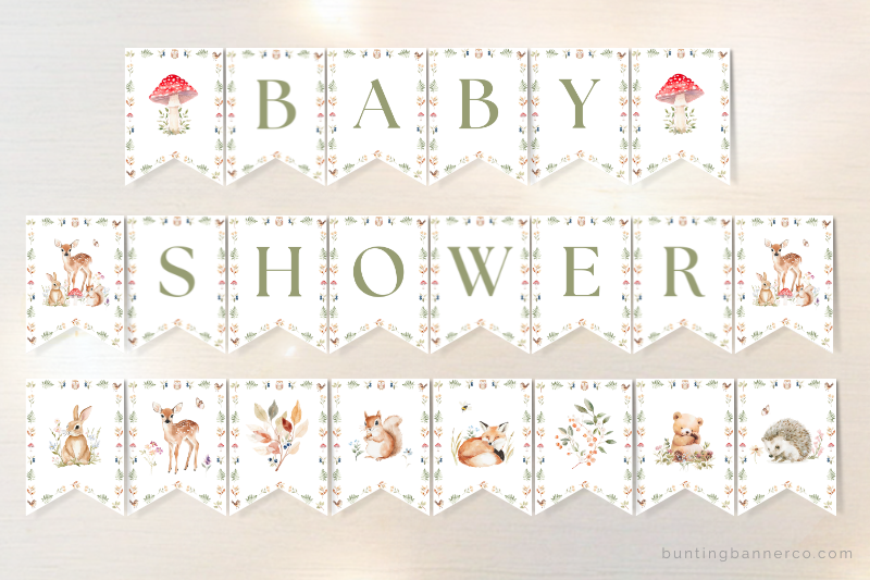 Woodland baby shower banner and bunting party printables.