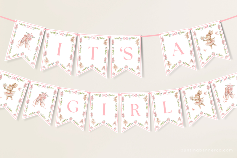 Hanging ballerina It's A Girl baby shower banner with bunny ballerinas, ballet shoes, bows and flowers.
