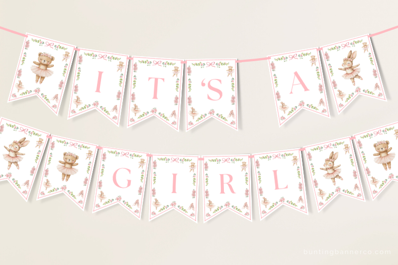 Hanging ballerina It's A Girl baby shower banner ballerinas, ballet shoes, bows and flowers.