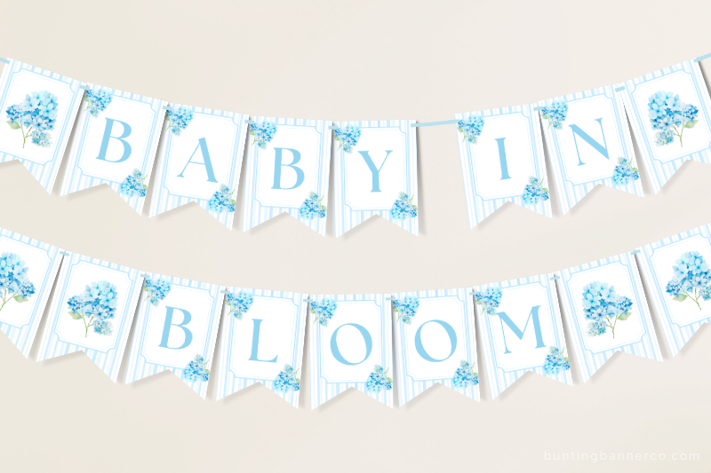 Hanging hydrangea Baby In Bloom baby shower bunting banner with watercolor blue hydrangea flowers and stripes.