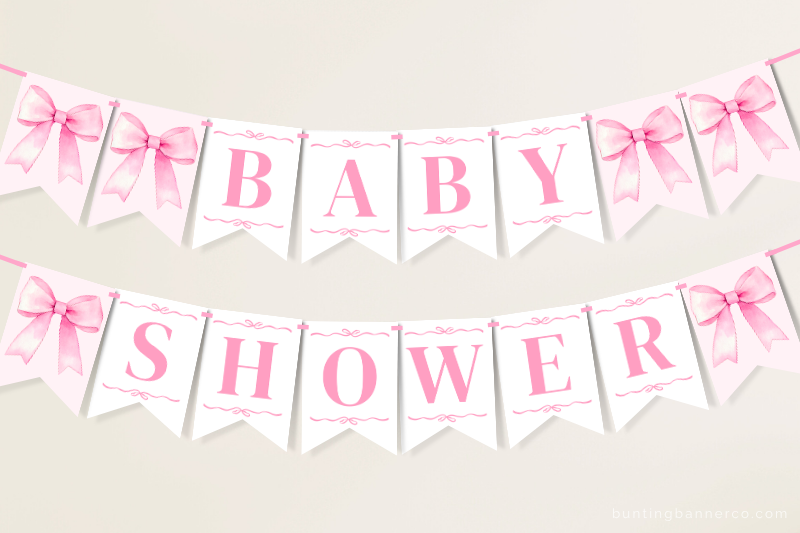 Hanging pink bow baby shower banner with pink watercolor bows.