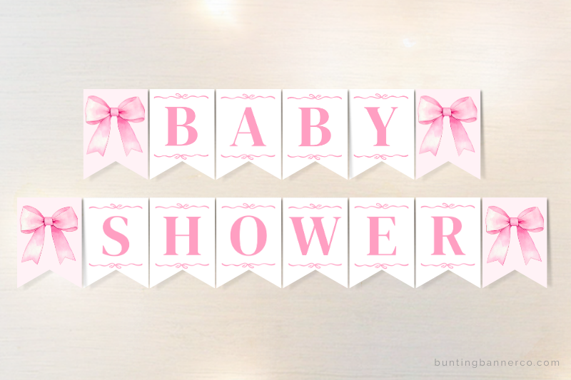 Printable pink bow baby shower themed bunting banner with cute watercolor pink bows.