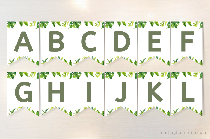 Safari themed alphabet letter bunting flags with jungle leaves and foliage.