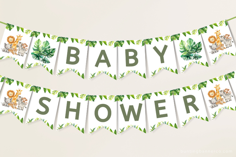 Hanging Safari Baby Shower banner with jungle foliage and cute safari animals.
