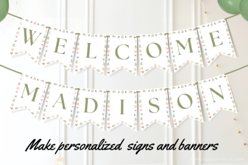 Personalized woodland themed welcome banner with woodland leaves and foliage.
