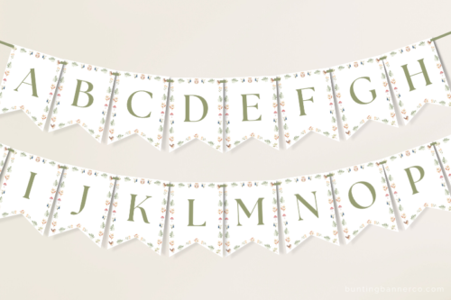 Hanging woodland themed alphabet letters bunting banner with woodland flag border.