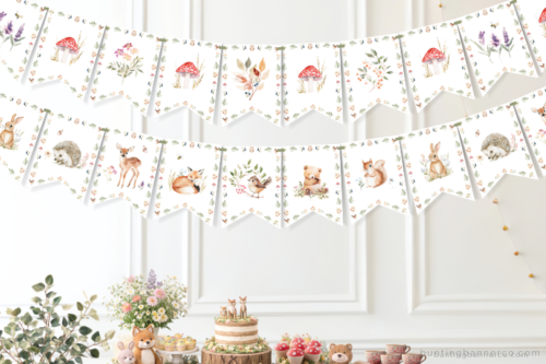 Woodland bunting with watercolor woodland animals and plants.