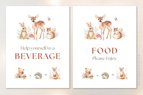 Printable woodland baby shower signs beverage and food.