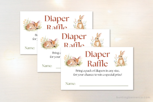 Woodland baby shower diaper raffle cards with watercolor deer and rabbits.