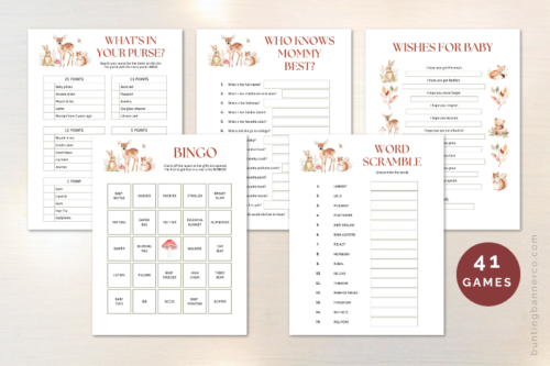 Woodland baby shower games with watercolor woodland animals and plants.