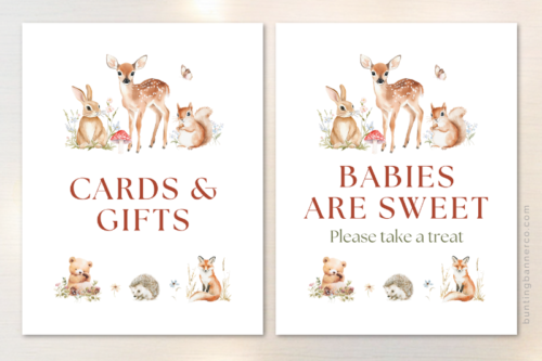 Printable woodland baby shower signs cards and gifts and babies are sweet.