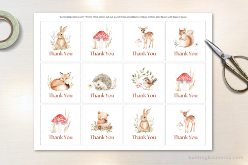 Sheet of printable woodland baby shower favor tags with thank you text and watercolor woodland animals and mushrooms.