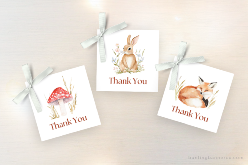 Woodland baby shower favor tags with watercolor mushroom, rabbit and fox.