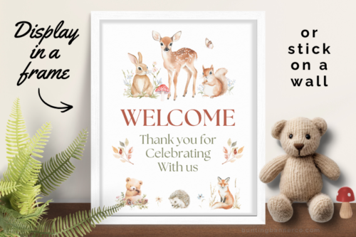 Framed woodland baby shower welcome sign.