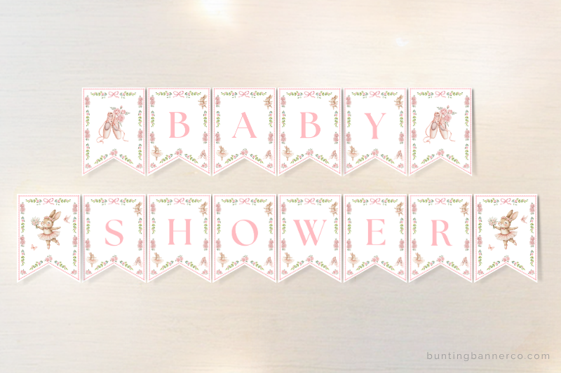 Ballerina themed baby shower banner with ballet shoes, ballerina bunnies, bows and flowers.