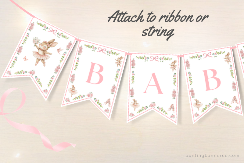 Printable baby shower banner flags with ballerina bunnies, flowers, ballet shoes and bows.