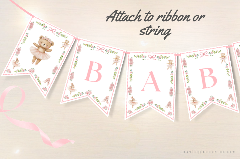 Printable baby shower banner flags with ballerina, flowers, ballet shoes and bows.