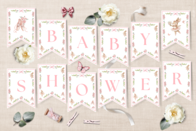 Ballerina baby shower banner flags with pink letters, ballet shoes and cute bunny ballerina.