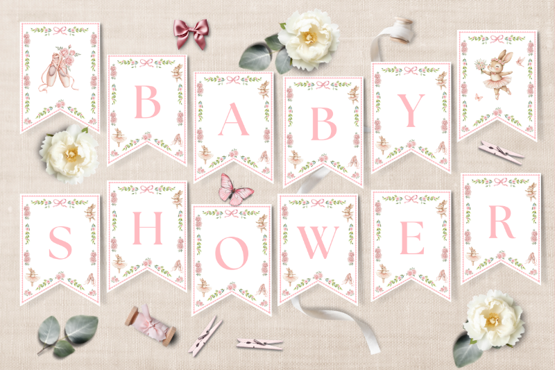 Ballerina baby shower banner flags with pink letters, ballet shoes and cute bunny ballerina.