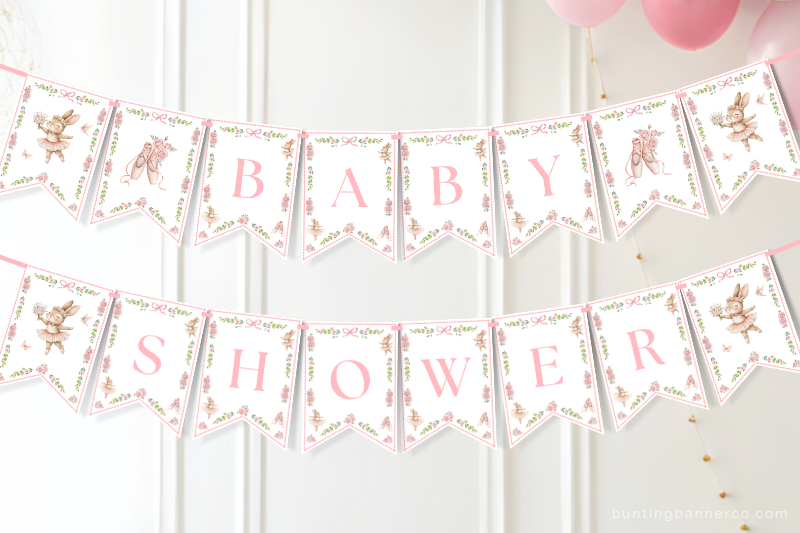 Ballerina baby shower banner on wall with ballerina bunnies, ballet shoes, bows and flowers.