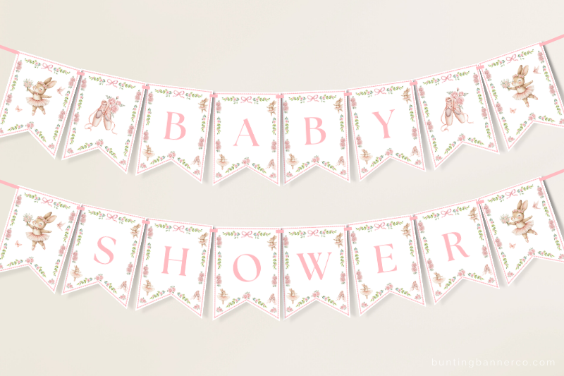 Hanging ballerina baby shower banner ballerina bunnies, ballet shoes, bows and flowers.