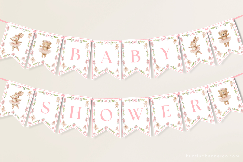 Hanging ballerina baby shower banner ballerinas, ballet shoes, bows and flowers.