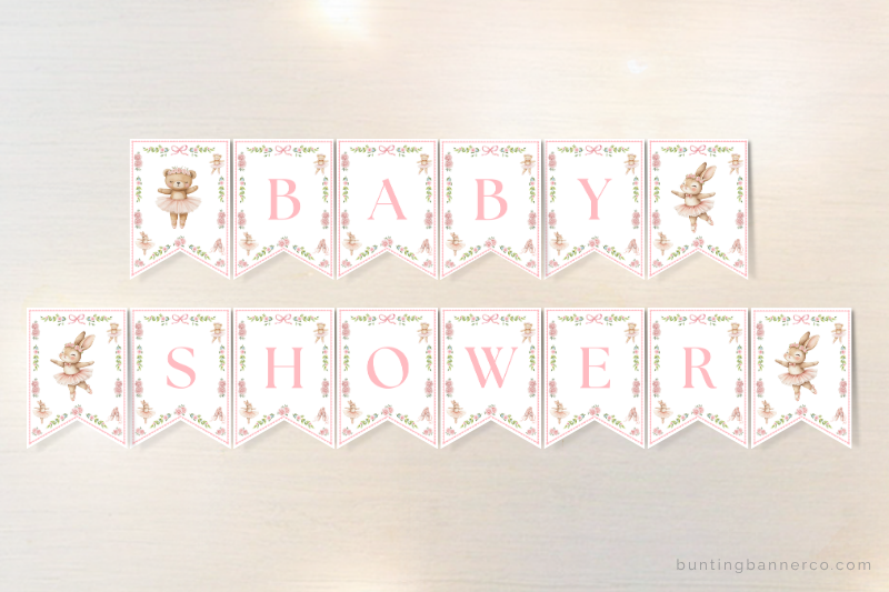 Ballerina themed baby shower banner with ballet shoes, ballerinas, bows and flowers.