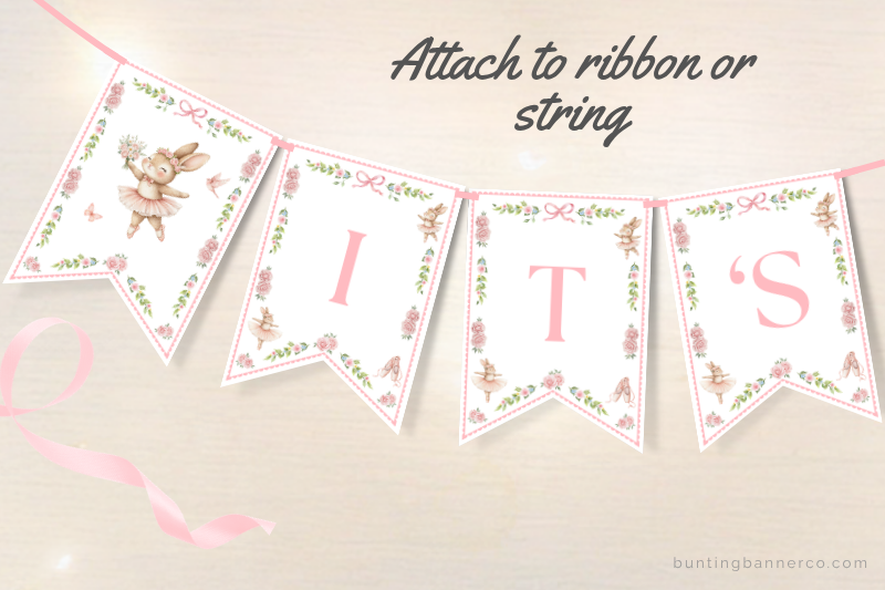 Printable It's A Girl baby shower banner flags with bunny ballerina, flowers, ballet shoes and bows.