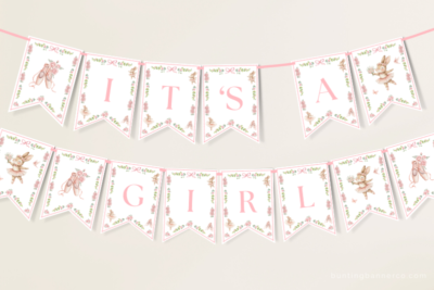 Hanging ballerina It's A Girl baby shower banner with bunny ballerinas, ballet shoes, bows and flowers.