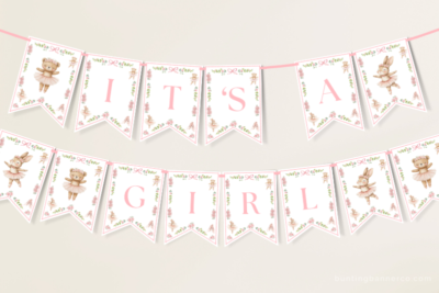 Hanging ballerina It's A Girl baby shower banner ballerinas, ballet shoes, bows and flowers.