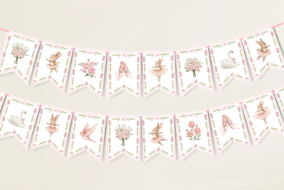 Ballerina bunting with ballet shoes, cute dancing bunny ballerinas, swan, bird and flowers.