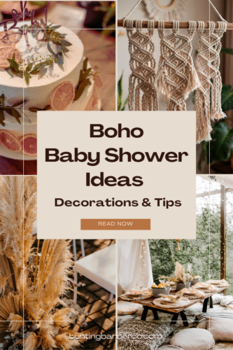 Boho baby shower ideas. Decorations and tips, pampas grass, macrame, baby shower setting with table, string lights, pillows