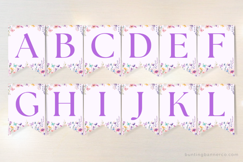 Alphabet bunting flags with purple font and butterfly wildflower floral border for baby shower banner personalization.