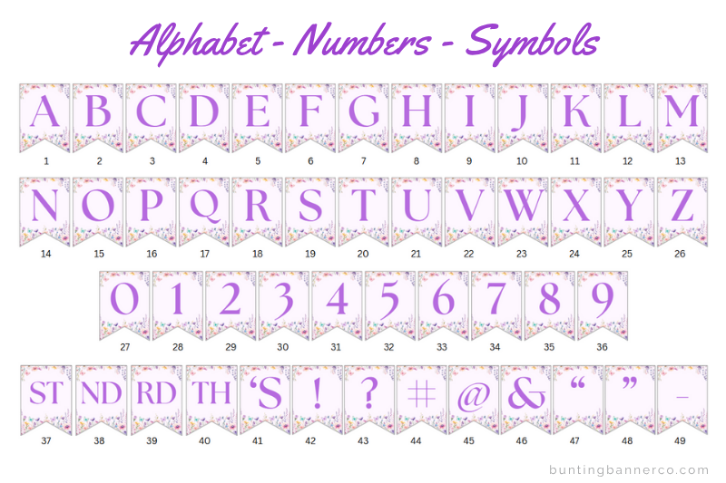Butterfly themed alphabet bunting flags with wildflower borders and purple serif font for use with baby shower banner.