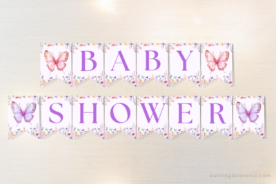 Butterfly baby shower themed bunting banner with butterflies and wildflowers.