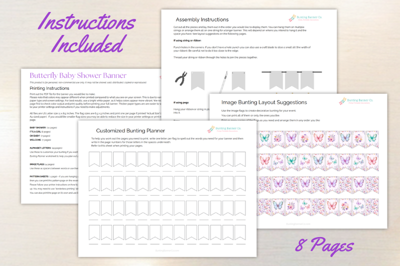 Printing and assembly instruction sheets for butterfly baby shower banner with bunting planner worksheet and layout suggestions.