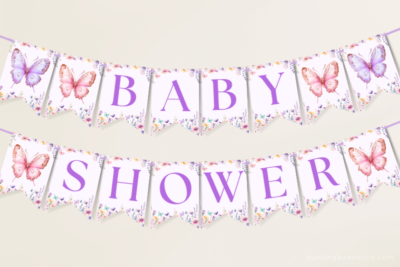 Hanging butterfly baby shower banner with butterflies and wildflowers.