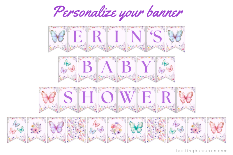 Personalized name baby shower banner with purple serif font, butterflies, wildflowers with image and pattern flags.