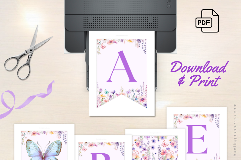 Baby shower bunting printable sheets with butterflies, wildflowers and letters ready to download, print and assemble.