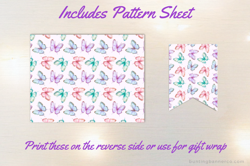 Butterfly pattern sheet and bunting flag for butterfly baby shower banner.