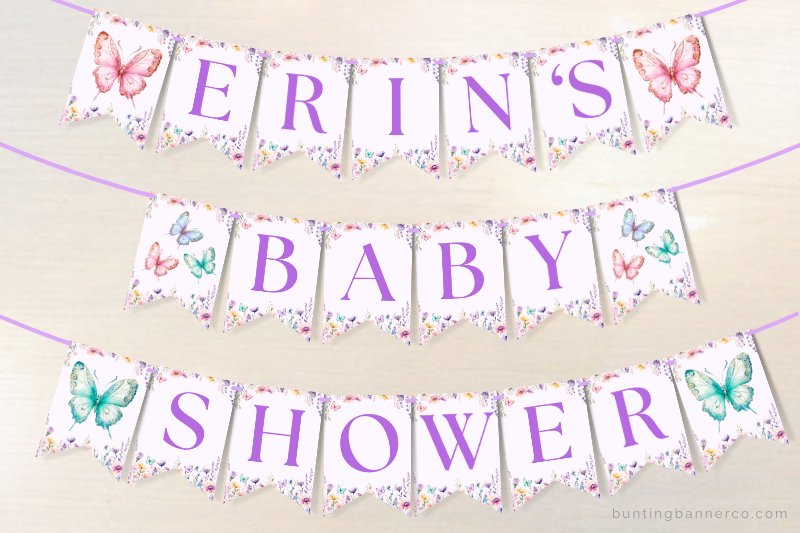 Butterfly personalized name baby shower banner with purple letters, butterfly and wildflower image flags.