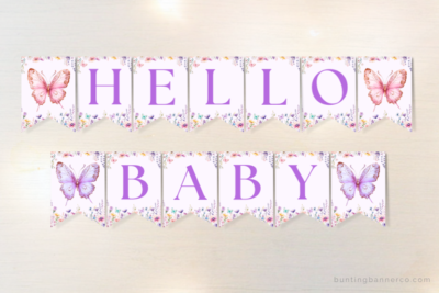 Hello Baby butterfly baby shower themed bunting banner with butterflies and wildflowers.