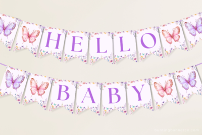 Hanging Hello Baby butterfly baby shower banner with butterflies and wildflowers.