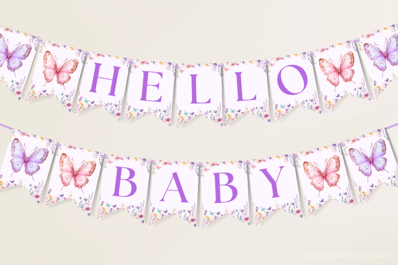 Hanging Hello Baby butterfly baby shower banner with butterflies and wildflowers.