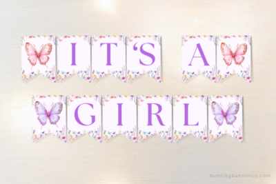 It's A Girl butterfly baby shower themed bunting banner with butterflies and wildflowers.