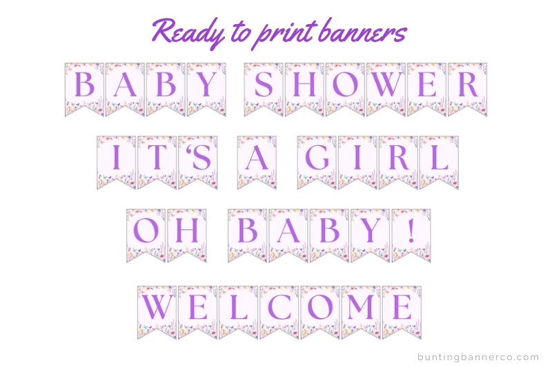 Baby shower, Its a girl, oh baby and welcome bunting flags with purple letters in serif font with wildflowers and butterflies.