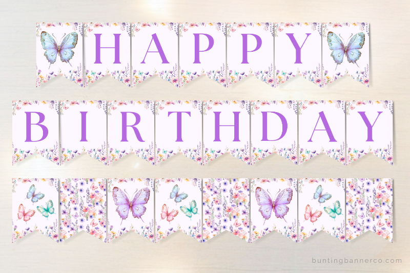 Butterfly happy birthday bunting with butterflies, wildflowers and purple happy birthday letters.