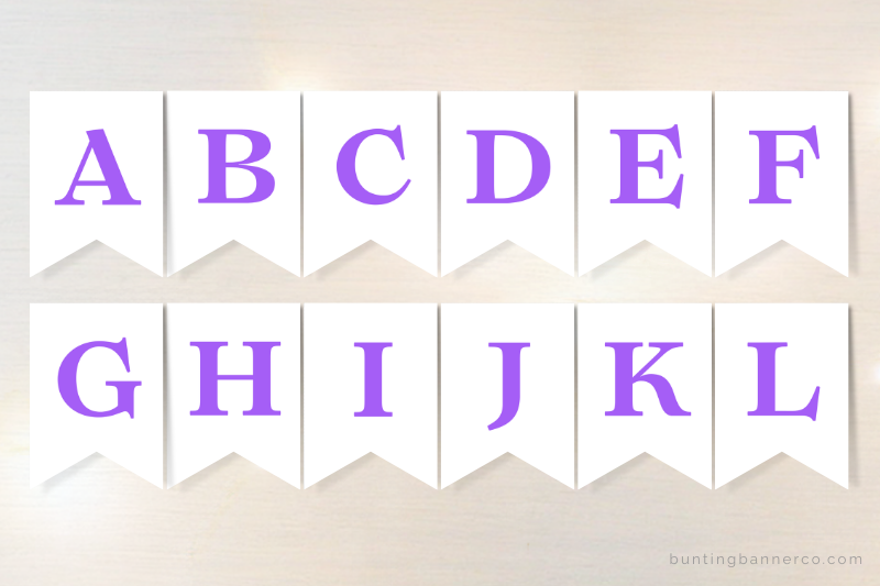 Alphabet bunting flags with purple letters in serif font.