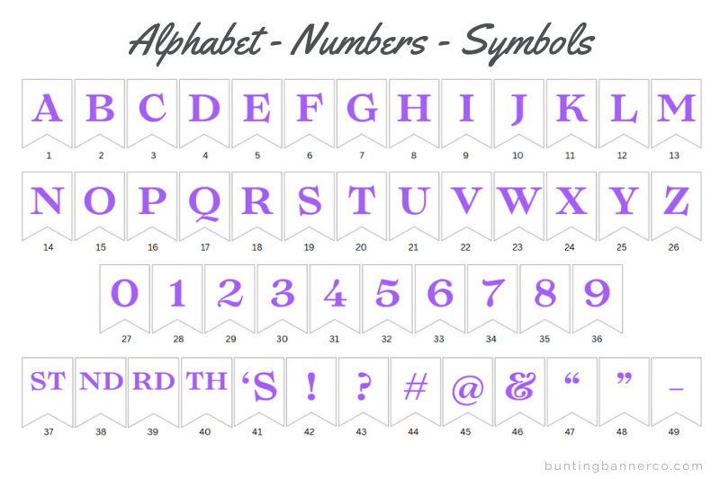 Alphabet bunting flags with purple letters, numbers and symbols.