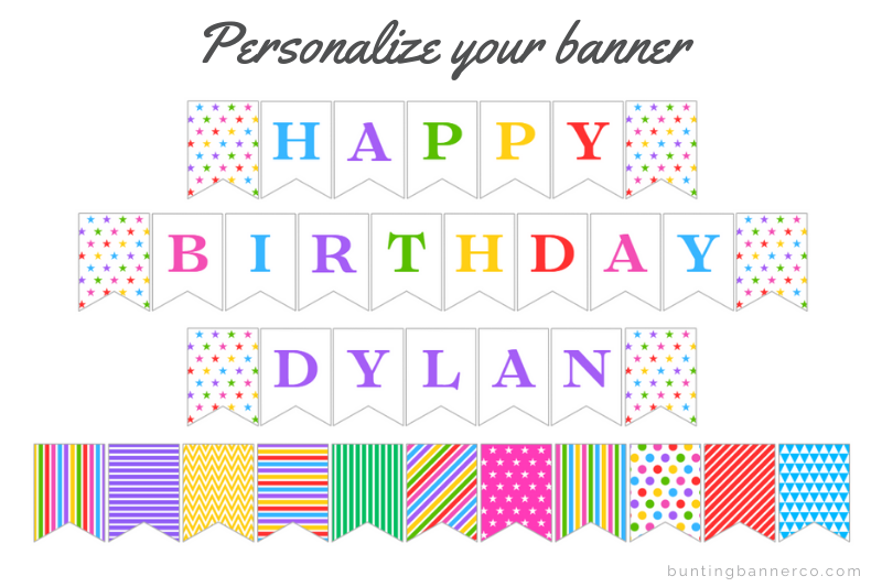 Rainbow themed happy birthday personalized party decoration banner with colorful stripes, stars, dots, chevron patterns and multicolored letter flags.